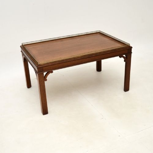 Antique Inlaid Brass Mahogany Chippendale Style Coffee Table
