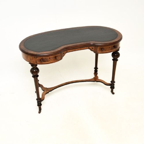 Antique Victorian Burr Walnut Leather Top Kidney Shaped Desk
