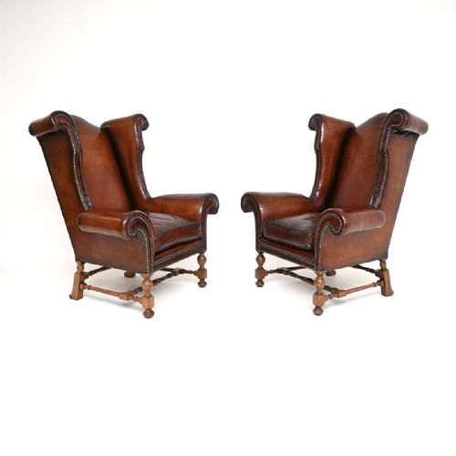 PAIR OF ANTIQUE LEATHER WING BACK ARMCHAIRS - ADDITIONAL PHOTO 2