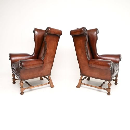 PAIR OF ANTIQUE LEATHER WING BACK ARMCHAIRS - ADDITIONAL PHOTO 3