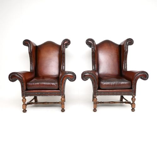 PAIR OF ANTIQUE LEATHER WING BACK ARMCHAIRS - ADDITIONAL PHOTO 4