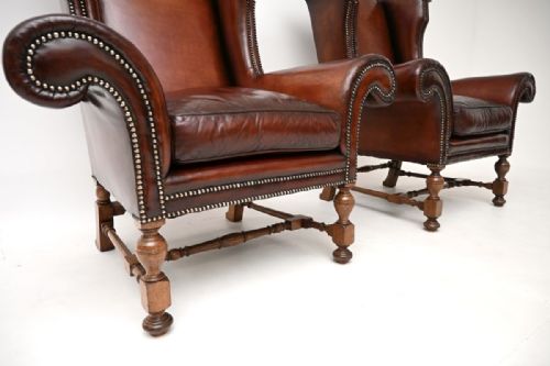 PAIR OF ANTIQUE LEATHER WING BACK ARMCHAIRS - ADDITIONAL PHOTO 5