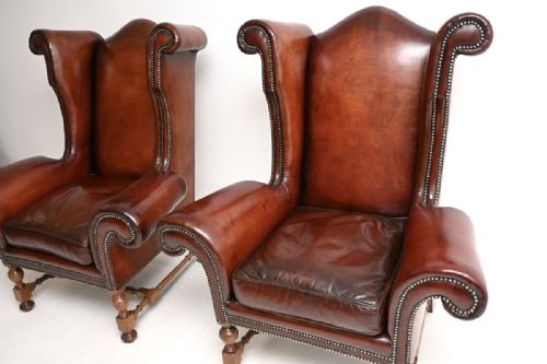 PAIR OF ANTIQUE LEATHER WING BACK ARMCHAIRS - ADDITIONAL PHOTO 7