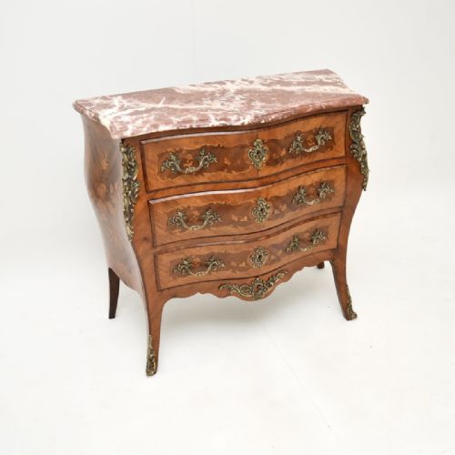 ANTIQUE FRENCH INLAID MARQUETRY MARBLE TOP BOMBE COMMODE