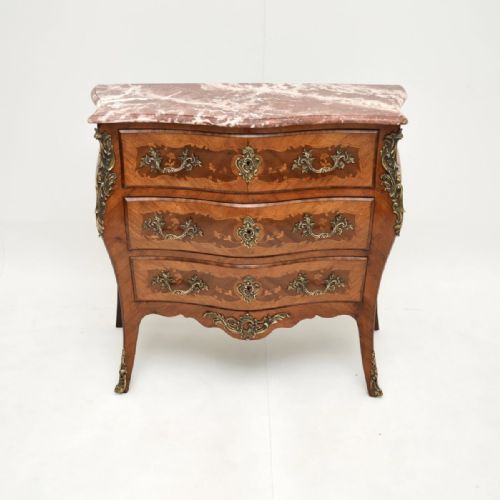 ANTIQUE FRENCH INLAID MARQUETRY MARBLE TOP BOMBE COMMODE - ADDITIONAL PHOTO 1