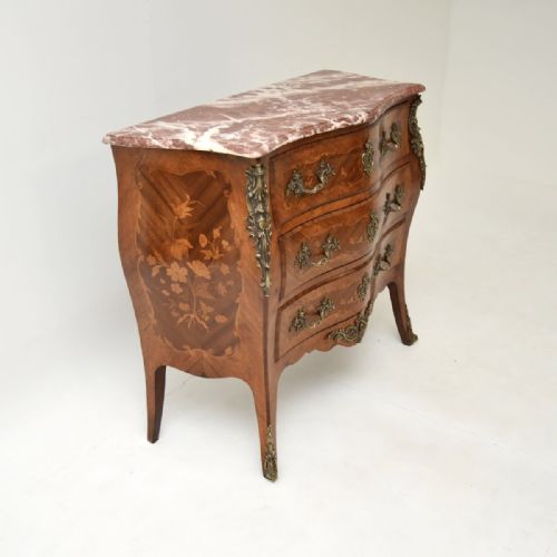 ANTIQUE FRENCH INLAID MARQUETRY MARBLE TOP BOMBE COMMODE - ADDITIONAL PHOTO 2