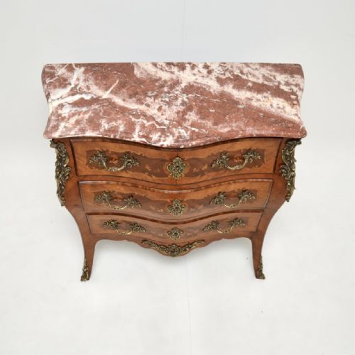 ANTIQUE FRENCH INLAID MARQUETRY MARBLE TOP BOMBE COMMODE - ADDITIONAL PHOTO 3