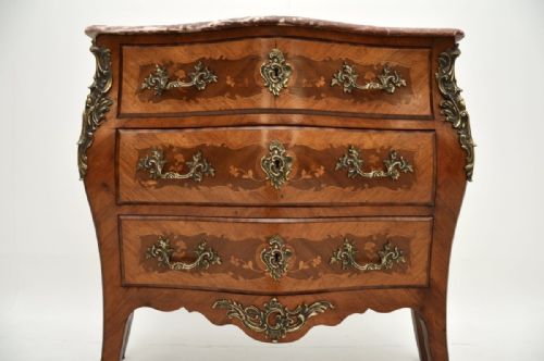 ANTIQUE FRENCH INLAID MARQUETRY MARBLE TOP BOMBE COMMODE - ADDITIONAL PHOTO 4