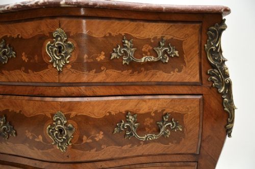 ANTIQUE FRENCH INLAID MARQUETRY MARBLE TOP BOMBE COMMODE - ADDITIONAL PHOTO 5