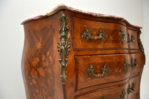 ANTIQUE FRENCH INLAID MARQUETRY MARBLE TOP BOMBE COMMODE - ADDITIONAL PHOTO 6
