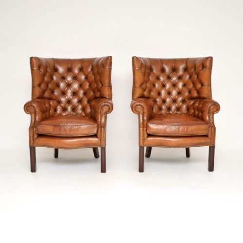 PAIR OF ANTIQUE LEATHER BARREL BACK WING ARMCHAIRS - ADDITIONAL PHOTO 2