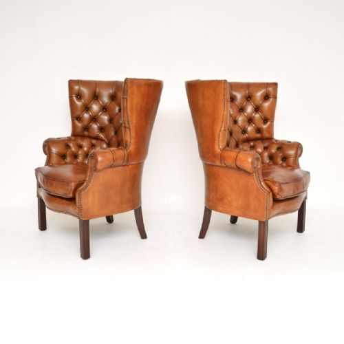 PAIR OF ANTIQUE LEATHER BARREL BACK WING ARMCHAIRS - ADDITIONAL PHOTO 3