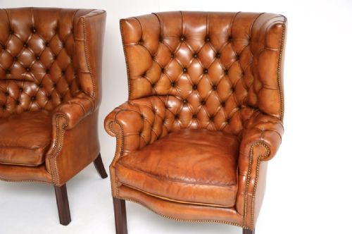 PAIR OF ANTIQUE LEATHER BARREL BACK WING ARMCHAIRS - ADDITIONAL PHOTO 5