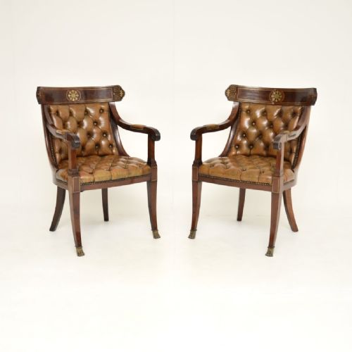 PAIR OF ANTIQUE REGENCY PERIOD BRASS INLAID MAHOGANY AND LEATHER ARMCHAIRS