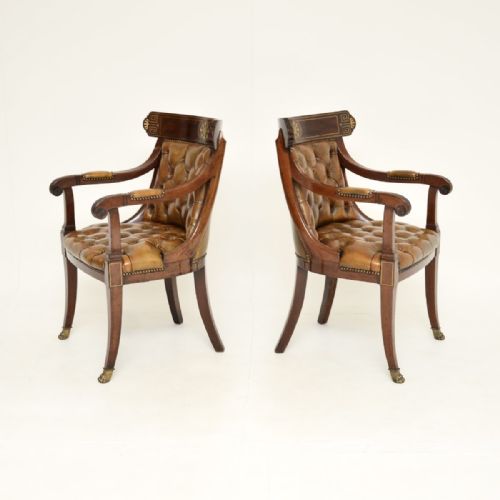 PAIR OF ANTIQUE REGENCY PERIOD BRASS INLAID MAHOGANY AND LEATHER ARMCHAIRS - ADDITIONAL PHOTO 2