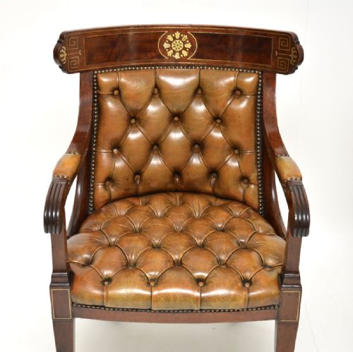 PAIR OF ANTIQUE REGENCY PERIOD BRASS INLAID MAHOGANY AND LEATHER ARMCHAIRS - ADDITIONAL PHOTO 3