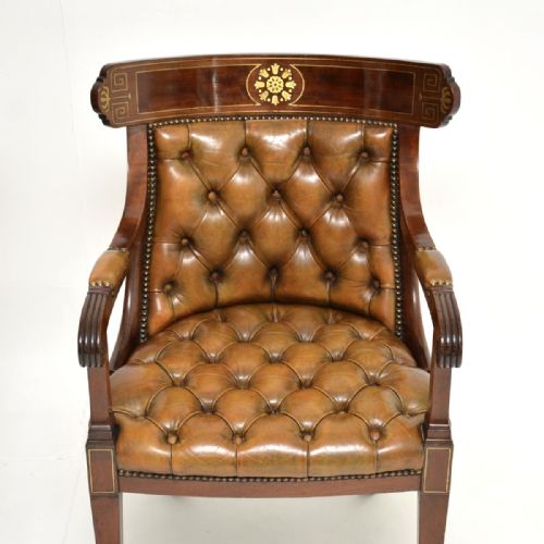 PAIR OF ANTIQUE REGENCY PERIOD BRASS INLAID MAHOGANY AND LEATHER ARMCHAIRS - ADDITIONAL PHOTO 4