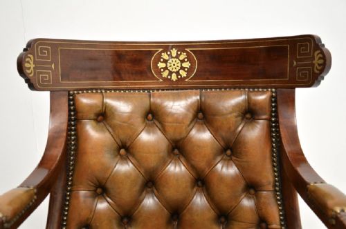 PAIR OF ANTIQUE REGENCY PERIOD BRASS INLAID MAHOGANY AND LEATHER ARMCHAIRS - ADDITIONAL PHOTO 5