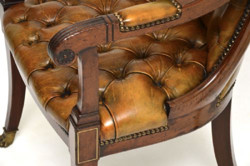 PAIR OF ANTIQUE REGENCY PERIOD BRASS INLAID MAHOGANY AND LEATHER ARMCHAIRS - ADDITIONAL PHOTO 9