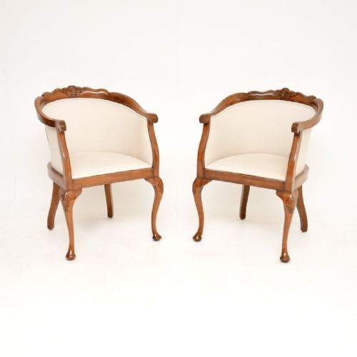 PAIR OF ANTIQUE QUEEN ANNE STYLE WALNUT TUB ARMCHAIRS