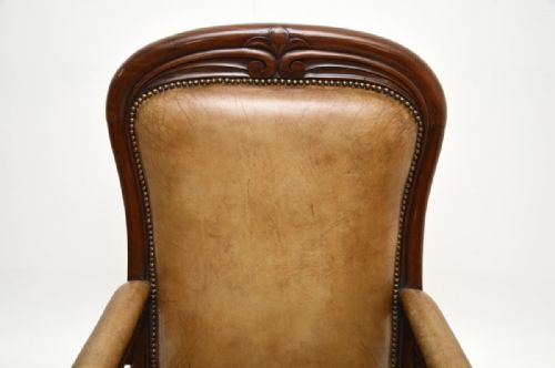 ANTIQUE VICTORIAN CARVED MAHOGANY AND LEATHER ARMCHAIR - ADDITIONAL PHOTO 2