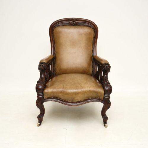 ANTIQUE VICTORIAN CARVED MAHOGANY AND LEATHER ARMCHAIR - ADDITIONAL PHOTO 3