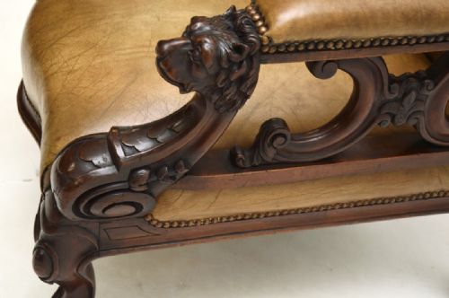 ANTIQUE VICTORIAN CARVED MAHOGANY AND LEATHER ARMCHAIR - ADDITIONAL PHOTO 4