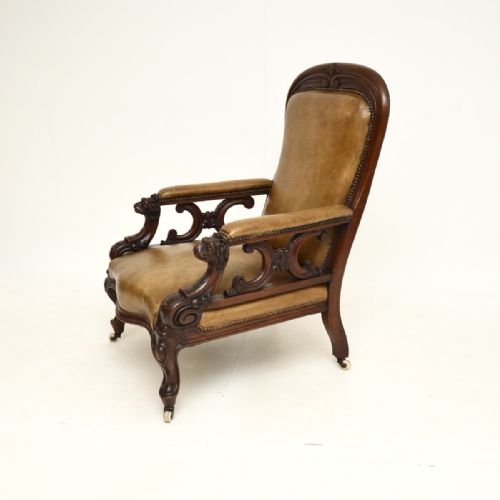 ANTIQUE VICTORIAN CARVED MAHOGANY AND LEATHER ARMCHAIR - ADDITIONAL PHOTO 5