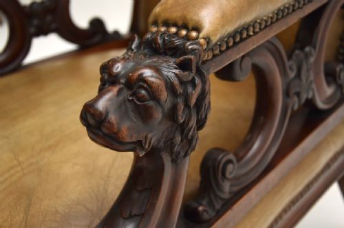 ANTIQUE VICTORIAN CARVED MAHOGANY AND LEATHER ARMCHAIR - ADDITIONAL PHOTO 6