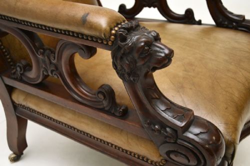 ANTIQUE VICTORIAN CARVED MAHOGANY AND LEATHER ARMCHAIR - ADDITIONAL PHOTO 7