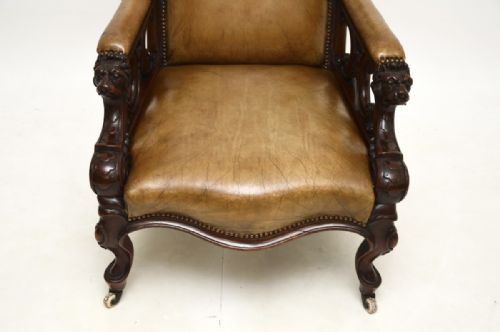 ANTIQUE VICTORIAN CARVED MAHOGANY AND LEATHER ARMCHAIR - ADDITIONAL PHOTO 8