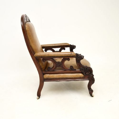 ANTIQUE VICTORIAN CARVED MAHOGANY AND LEATHER ARMCHAIR - ADDITIONAL PHOTO 9