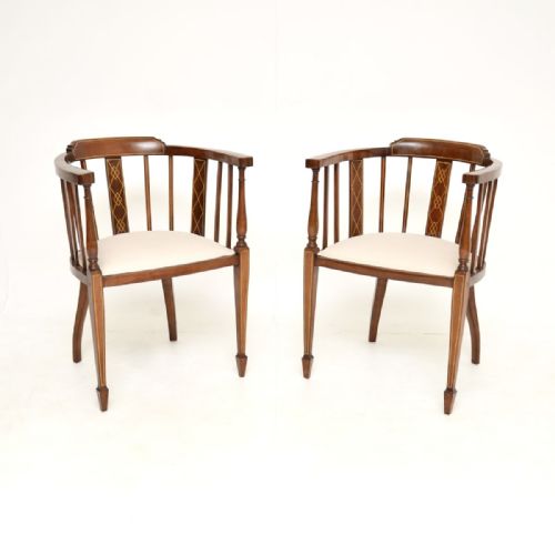 PAIR OF ANTIQUE EDWARDIAN INLAID WALNUT ARMCHAIRS