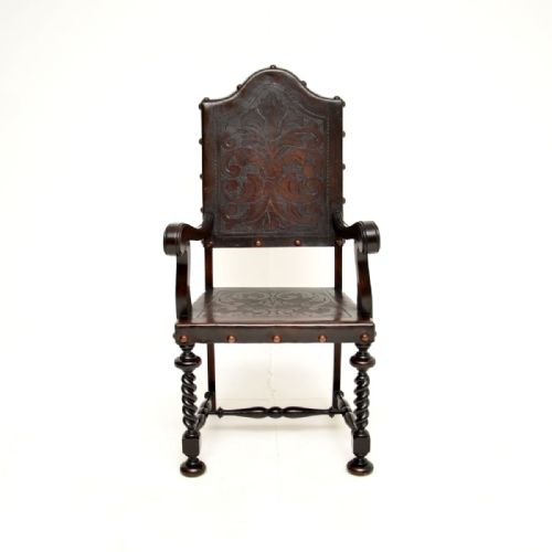 SET OF SIX ANTIQUE PORTUGUESE EMBOSSED LEATHER AND WALNUT DINING CHAIRS - ADDITIONAL PHOTO 2