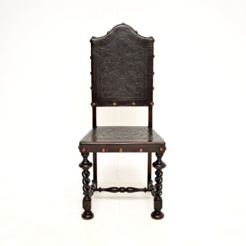 SET OF SIX ANTIQUE PORTUGUESE EMBOSSED LEATHER AND WALNUT DINING CHAIRS - ADDITIONAL PHOTO 4