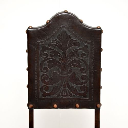 SET OF SIX ANTIQUE PORTUGUESE EMBOSSED LEATHER AND WALNUT DINING CHAIRS - ADDITIONAL PHOTO 5