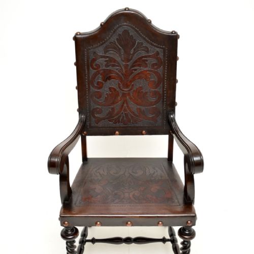 SET OF SIX ANTIQUE PORTUGUESE EMBOSSED LEATHER AND WALNUT DINING CHAIRS - ADDITIONAL PHOTO 6
