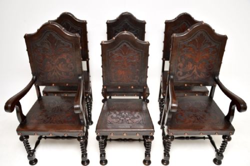 SET OF SIX ANTIQUE PORTUGUESE EMBOSSED LEATHER AND WALNUT DINING CHAIRS - ADDITIONAL PHOTO 7