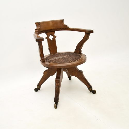 ANTIQUE VICTORIAN GOTHIC REVIVAL SOLID OAK SWIVEL DESK CHAIR