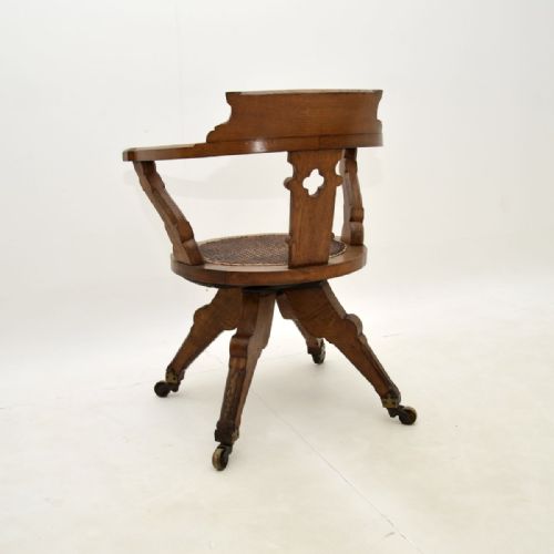 ANTIQUE VICTORIAN GOTHIC REVIVAL SOLID OAK SWIVEL DESK CHAIR - ADDITIONAL PHOTO 7