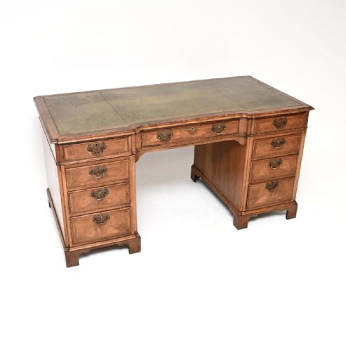 LARGE ANTIQUE WALNUT LEATHER TOP PEDESTAL DESK