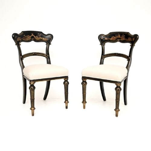 Pair of Antique Victorian Lacquered Chinoiserie Side Chairs
