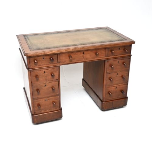 Antique Victorian Walnut Leather Top Pedestal Desk
