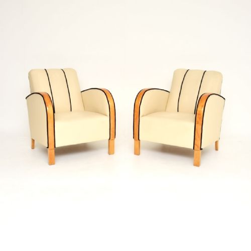Pair of Swedish Art Deco Armchairs in Leather and Satin Birch
