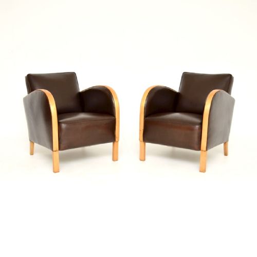 Pair of Art Deco Armchairs in Satin Birch and Leather
