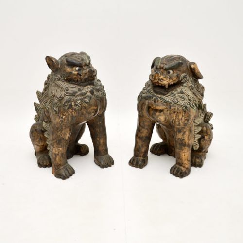 Pair of Antique Chinese Carved Wood Foo Dog Statues
