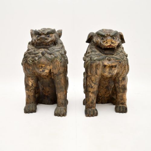 fig 1. Pair of Antique Chinese Carved Wood Foo Dog Statues