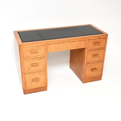 Art Deco Satin Birch Leather Top Pedestal Desk
