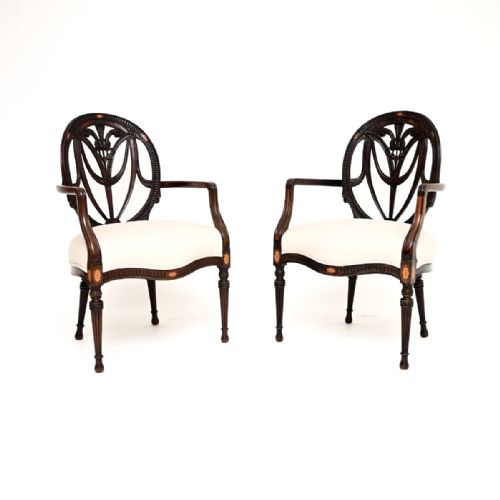 Pair of Antique Edwardian Inlaid Mahogany Carver Armchairs
