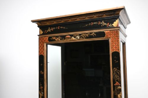 fig 1. A pair of tall, narrow Edwardian black lacquered display cabinets with glass doors, glass side panels, and hand-painted gold Chinoiserie detail.